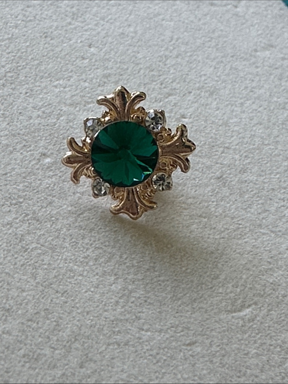 Gold-Tone Brooch or Tie Tack with Emerald Green Center and Clear Accents